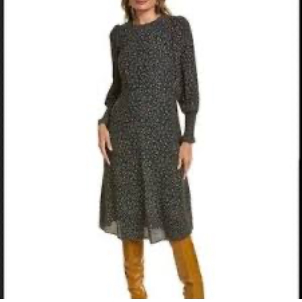 Boden Midi Dress Smocked Cuff black ditsy floral print long balloon sleeves Sz 8